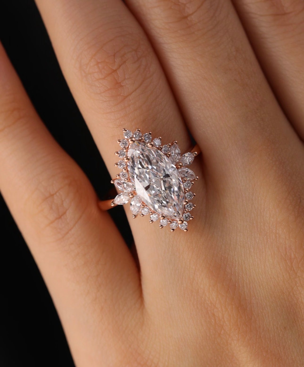 3ct Flower Marquise Lab Grown Diamond Halo Ring with IGI Certificate